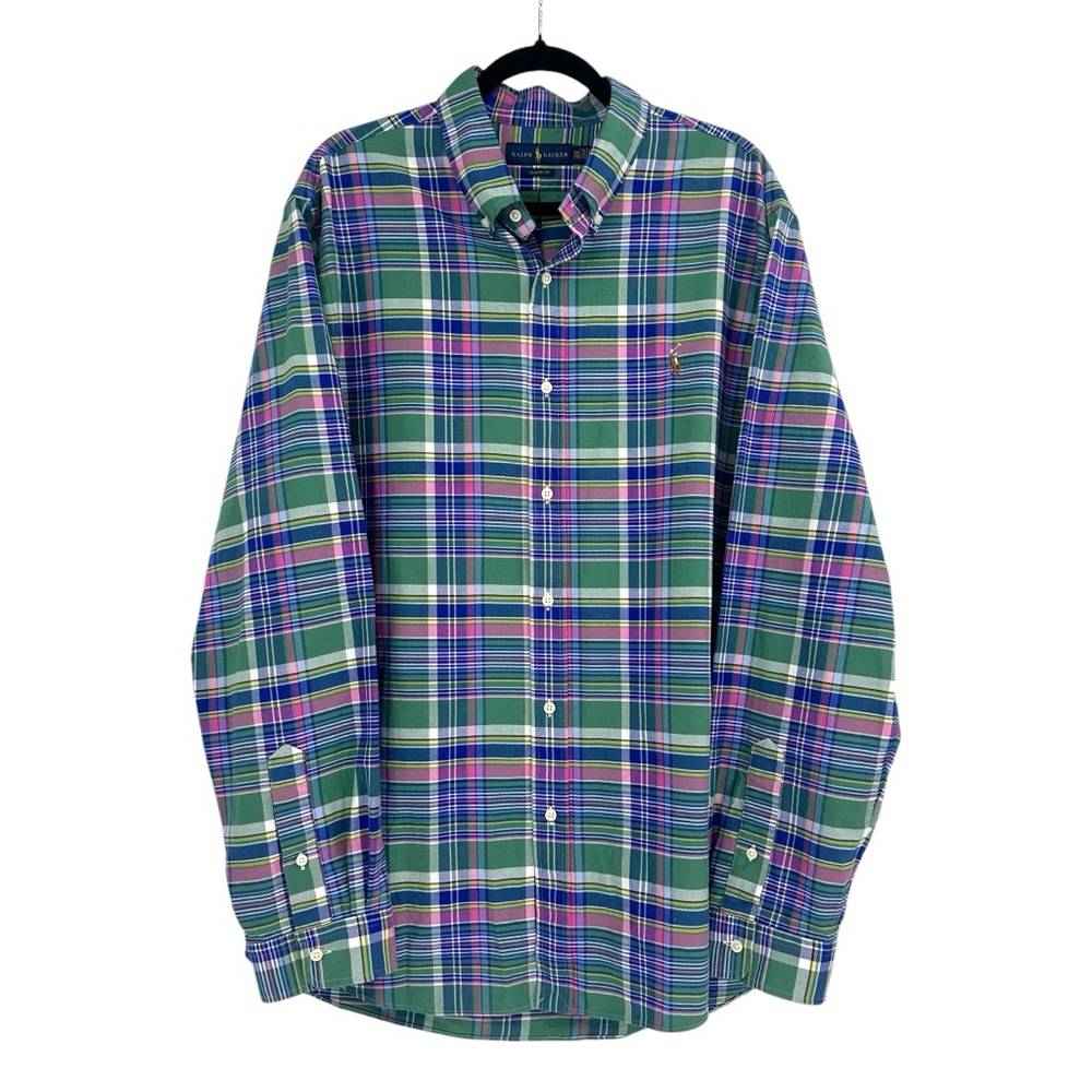 Ralph Lauren Mens Long Sleeve Plaid Dress Shirt Size XXL Green Blue Pink Classic